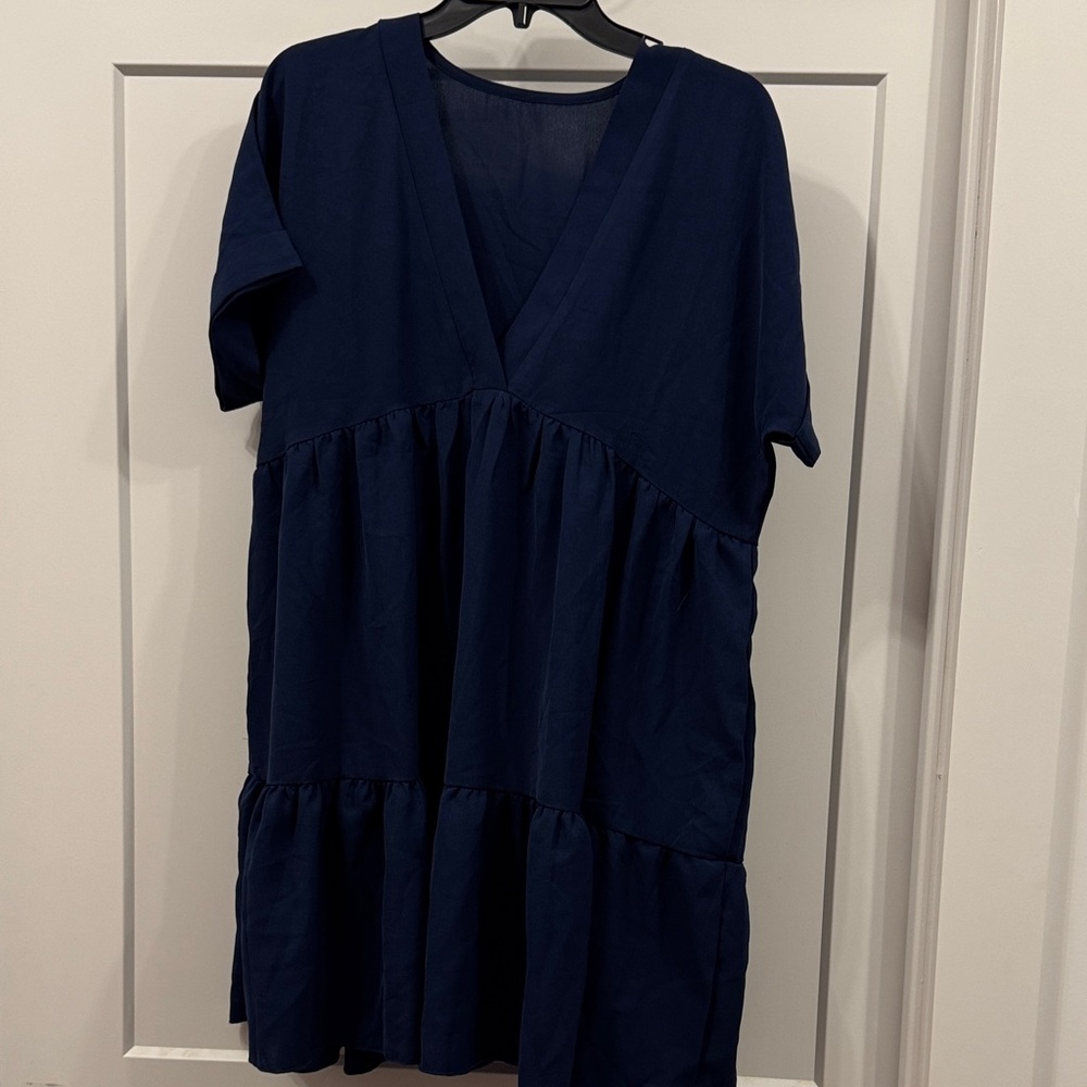 Navy Blue V-Neck Tiered Dress